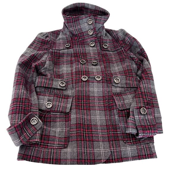 Green With Envy Gray/Red/Black Plaid Lined Wool Peacoat- L - Picture 1 of 10